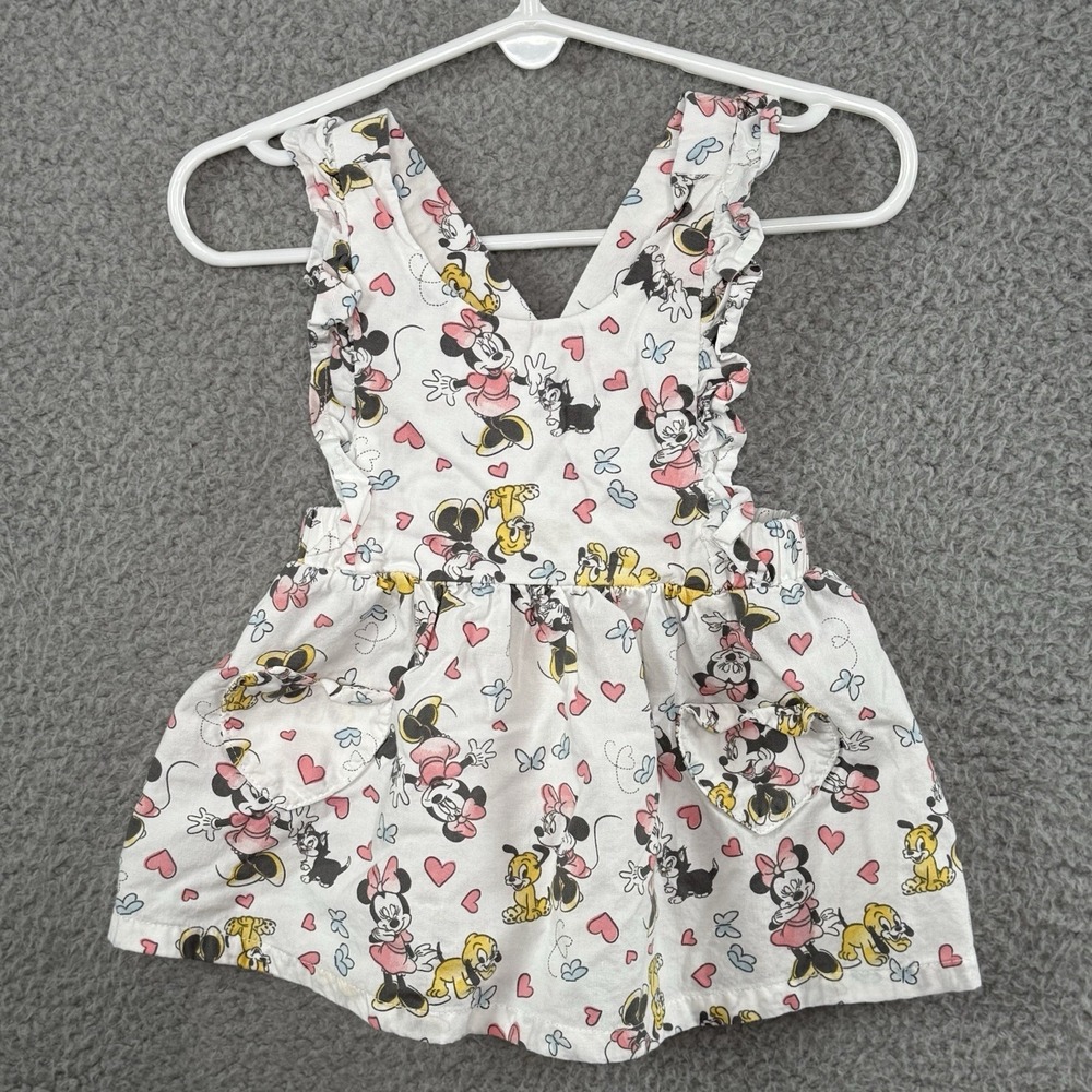 Disney Baby Minnie Mouse Print White Dress 3-6 Mo Girl Strap Cat Pluto Cute
